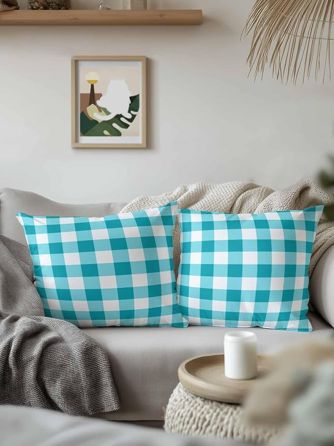 Waterproof Outdoor Pillow 1 Pack Turquoise Buffalo Plaid Decorative Throw Pillows Cover & Insert 16x16 Inch Pillowcase Check Lines Square Pillows for Couch Sofa Bed Patio Furniture Indoor Outdoor