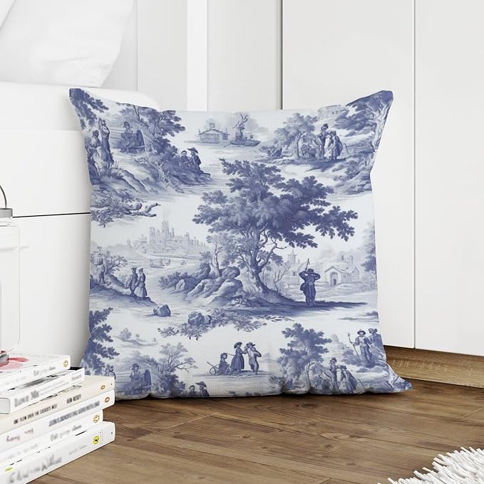 Pillowcase Navy White Blue Decorative Toile Print Cushion Cases Rustic French Charmed Life Toile Pillow Cover Accent Modern Decorative Pillow Covers for Patio Deck Chair 26x26 in