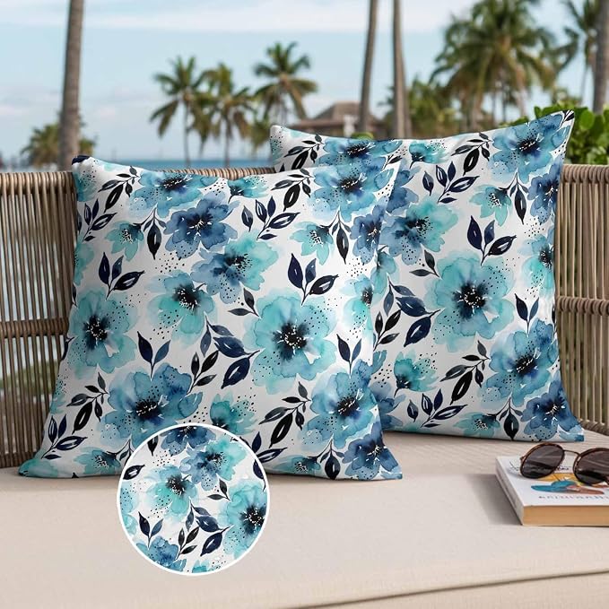 Botanical Floral Leaves Outdoor Waterproof Pillow Covers Pack of 2, Watercolor Painting Blue Gradient Blooms Throw Pillowcases Decorative Cushion Covers for Garden Patio Tent Sofa Couch, 16x16 inch