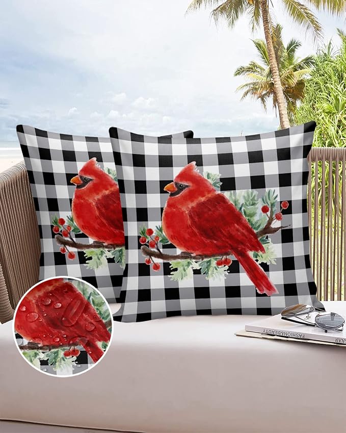 Vandarllin Christmas Outdoor Throw Pillows Covers 20X20 Set of 2 Waterproof Red Cardinals Decorative Zippered Lumbar Cushion Covers for Patio Furniture, White Black Buffalo Check Plaid