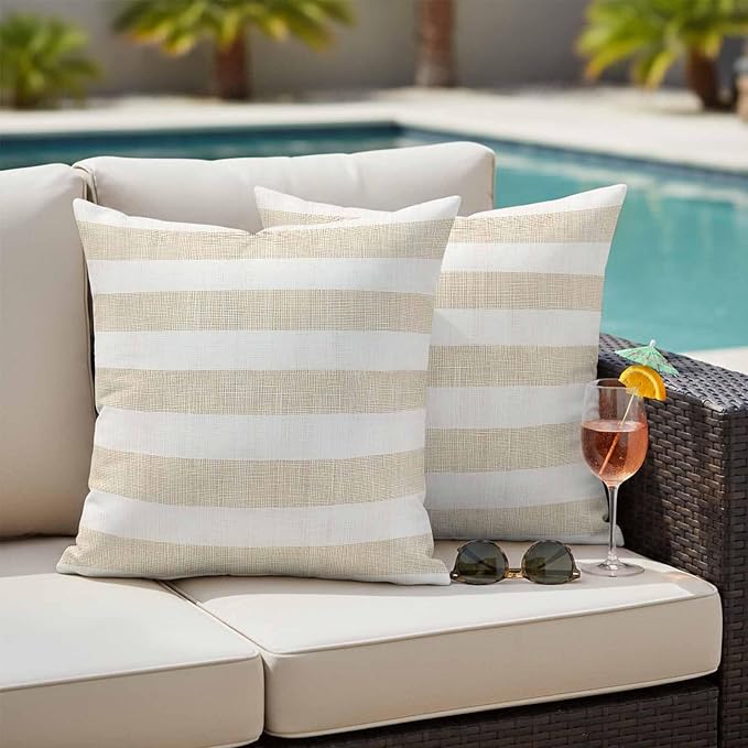 Vintage Linen Outdoor Waterproof Throw Pillow Covers Set of 2, 26"x26", Striped Beige Theme Farmhouse Decorative Pillow Covers Outside Cushion Case for Patio Porch Garden