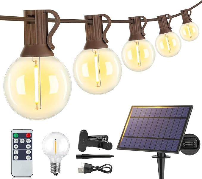 25FT Solar String Lights with Remote, 3 Modes, 11 G40 Bulbs, Brown | Solar Powered, Dusk to Dawn, Dimmable, Timer, Memory Function, LED Globe Hanging Lights for Fence Deck Yard
