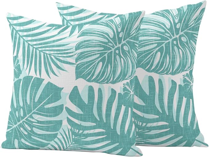 Aqua Teal Palm Leaves Outdoor Pillow Covers 18"x18" Set of 2, Tropical Botanical Minimalist Modern Waterproof Throw Pillow Covers for Patio Furniture, Decorative Cushion Covers for Porch