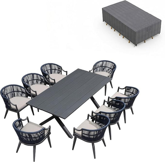 PURPLE LEAF Outdoor Dining Set for 8 with Waterproof Furniture Cover All Weather Patio Dining Set with Rectangular Aluminum Table and Wicker Dining Chairs for Garden Deck Backyard Kitchen, Grey