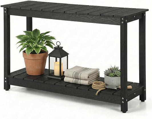 Outdoor Console Table, 48" Weather Resistant HIPS Patio Side Table, 440LBS Weight Capacity, 2-Tier Multifunctional Buffet Bar Storage Organizer for Garden Deck, Black