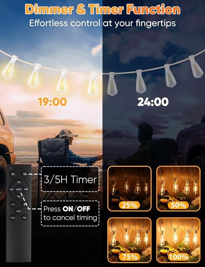 100FT Outdoor String Lights with Remote, Dimmable LED Patio Lights with 32 ST38 Shatterproof Vintage Bulbs, 2700K Warm White 3 Modes 2 Timer Outside Light for Yard, Deck, Cafe, White