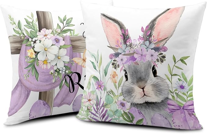 Easter Pillow Cases He is Risen Throw Pillow Covers Eggs Rabbit Bunny Pillow Covers 20x20 Set of 2 Purple Spring Decorative Pillowcases for Holiday Festivals Home Outdoor Decor