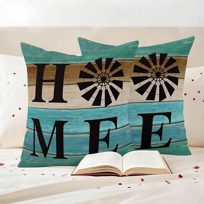 Outdoor Pillow Covers Set of 2, Home Farm Retro Wood Board Decorative Throw Pillow Covers 18X18IN, Teal Gradient Wooden Throw Pillows Protector Cushion Case for Patio,Couch,Sofa,Garden