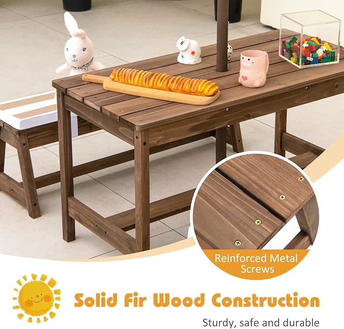 KOTEK Kids Picnic Table with Umbrella Foldable, Backyard Wooden Table & Bench Set w/Removable Cushions, Activity Art Play Table, Indoor Outdoor Toddler Picnic Table for Patio, Lawn & Garden (Brown)
