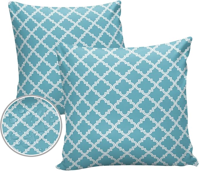 Outdoor Waterproof Pillow Covers for Patio Furniture Moroccan Pattern Decorative Throw Pillow Cover Blue Geometric Trellis Pillowcases Set of 2 Cushion Case for Sofa Couch Chair Home Decor 16x16 inch