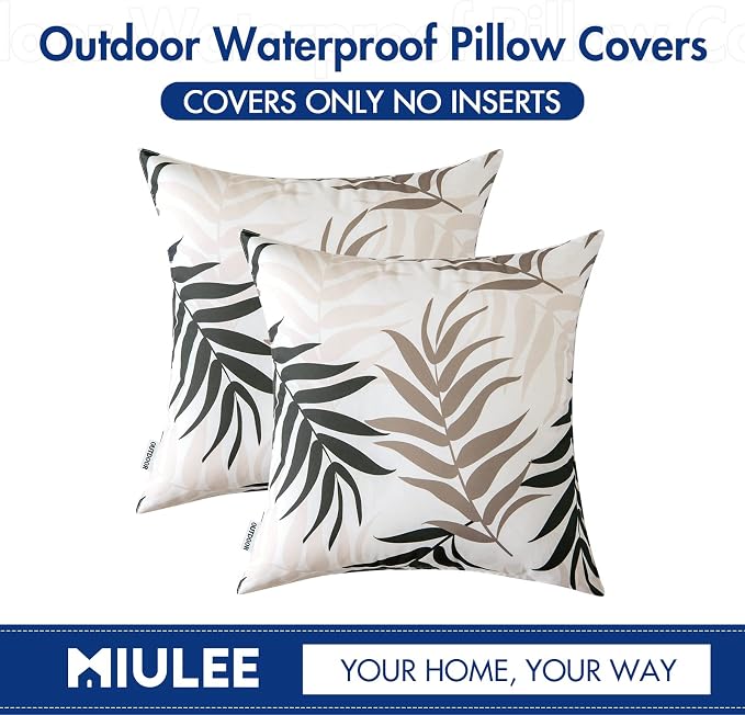 MIULEE Outdoor Waterproof Throw Pillow Covers 18x18 Coffee Brown Pack of 2 | Decorative Patio Pillow Cases Natural Leaves Pattern Spring Square Cushion Shams Shell for Garden Balcony Couch