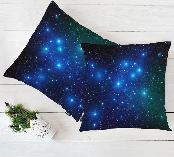 Swono Set of 2 Galaxy Stars Pillow Covers 18 X 18 Inch, Starry Night Glitter Stars Outer Space Square Decorative Throw Pillow Covers for Sofa Couch Bed,Outdoor Indoor Pillowcase Cushion Cover