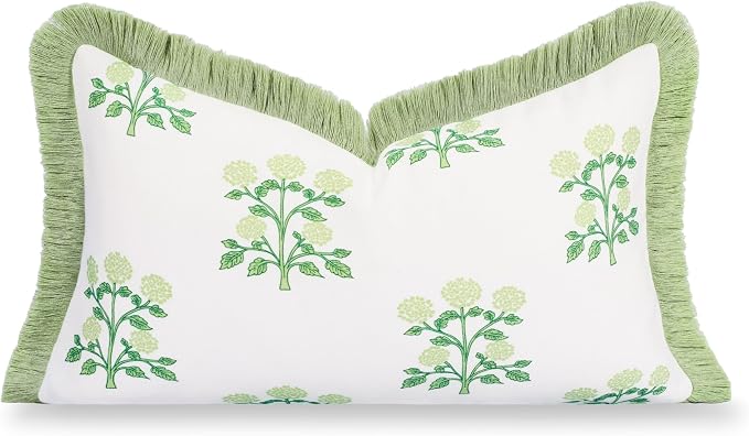 Hofdeco Premium Grandmillennial Coastal Hampton Patio Indoor Outdoor Lumbar Pillow Cover Only, 12"x20" Water Repellent for Backyard, Couch, Poolside, Grass Green Print Hydrangea Flowers