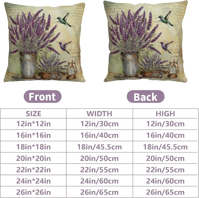 Lavender Pillow Covers Purple Flower Rustic Pillow Covers 16x16 Set of 2 Lavender Hummingbird Pillow Case Spring Vintage Cotton Linen Cushion Case for Garden Farmhouse Patio