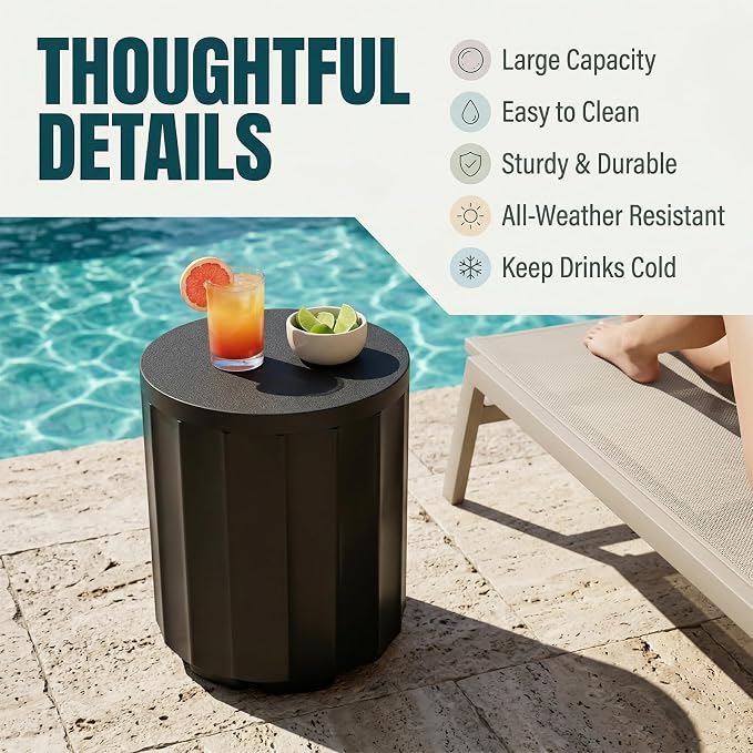Outdoor Cooler Side Table, 2-in-1 Versatile Ice Cooler Table, Broad Fluted Outdoor Accent Table with Hangable Lid, All-Weather Resistant for Patio Decor, Deck, BBQ, Beach, Black