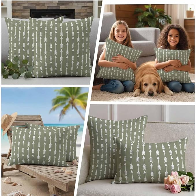 Arrow Outdoor Pillow Covers 26"x26" Set of 2, Abstract Rustic Western Tribal Geometric Arrow Sage Green Waterproof Throw Pillow Covers for Patio Furniture, Decorative Cushion Covers for Porch