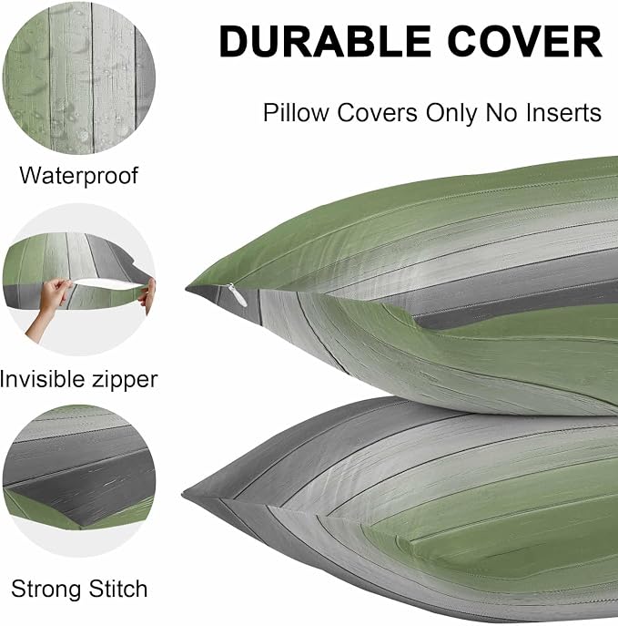 Throw Pillow Covers 20x20 Inch Set of 2, Sage Green Gray Ombre Waterproof Outdoor Cushion Covers, Vintage Country Wooden Decorative Pillowcases for Couch, Sofa, Bed, Garden, Patio