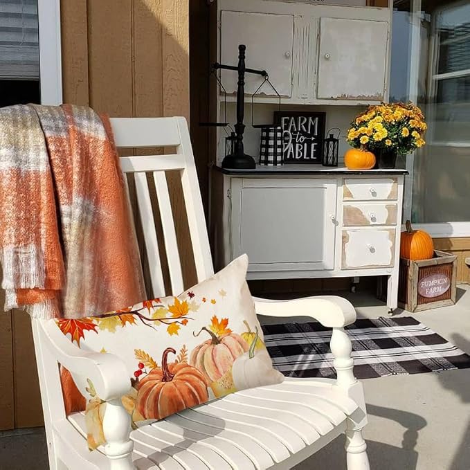 RABUSOFA Fall Pillow Covers 12x20 Inch Set of 2 Thanksgiving Autumn Orange White Teal Pumpkin Maple Leaf Lumbar Harvest Outdoor Waterproof Throw Cushion Cases Fall Decorations for Home Couch Patio