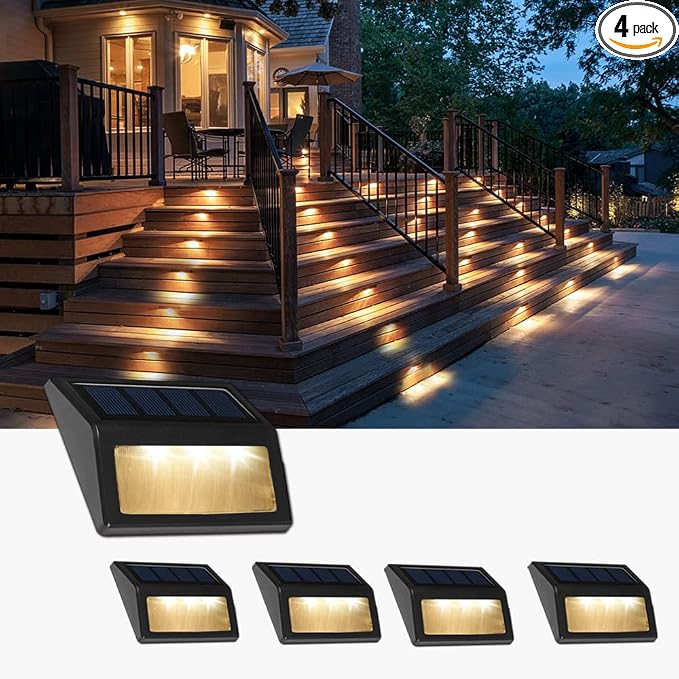 Solar Lights Outdoor, Waterproof Solar Powered Deck Step Lights for Patio Garden Backyard Garage Driveway Pathway Outside Wall Lighting (Warm White, 4 Pack)