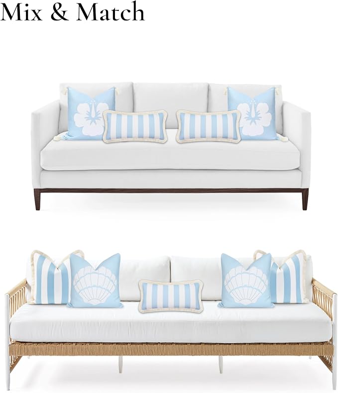 Hofdeco Premium Coastal Patio Indoor Outdoor Long Lumbar Pillow Cover Only, 12"x26" Water Repellent for Backyard, Couch, Baby Blue Stripes with Fringe