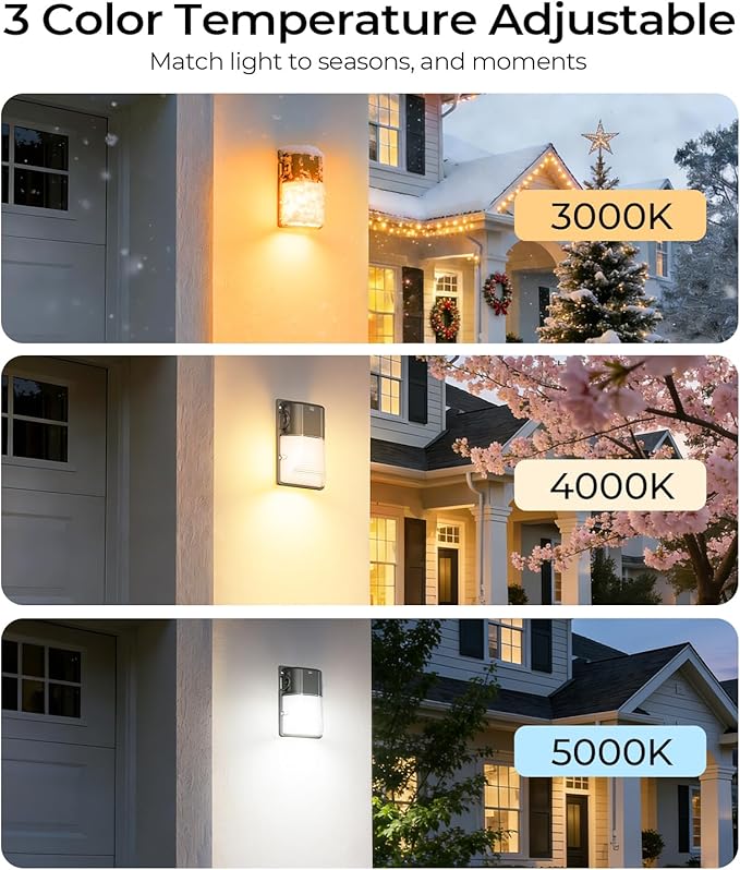 CINOTON 30W LED Wall Pack Light, 3CCT 3600LM, Dusk to Dawn Sensor, 2 Pack | 120Vac, IP65 Waterproof, 3CCT 3600LM, Hardwired Installation, Pre-punched Design, UL Listed, Garage and Porch Security Use