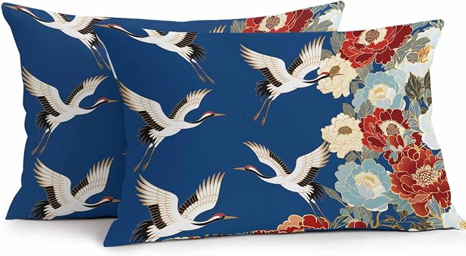 Japanese Style Outdoor Pillow Covers 20x12 Inch Lumbar Pillow Covers Set of 2 Waterproof Decorative Throw Pillow Cases Blue Rustic Botanical Blossom Peony Birds Cushion Covers for Patio Furniture