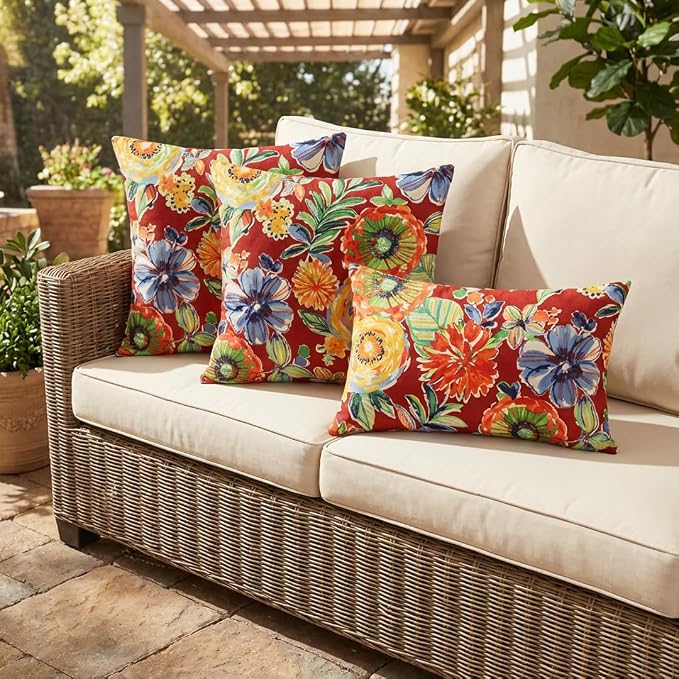 RSH DECOR: Lumbar & Square Throw Pillows Set of 4 | 20" x 12" & 17" x 17" | All-Weather Spun Fabric | Water and Fade-Resistant | Outdoor Accent Pillows for Patio Furniture | Colsen Berry