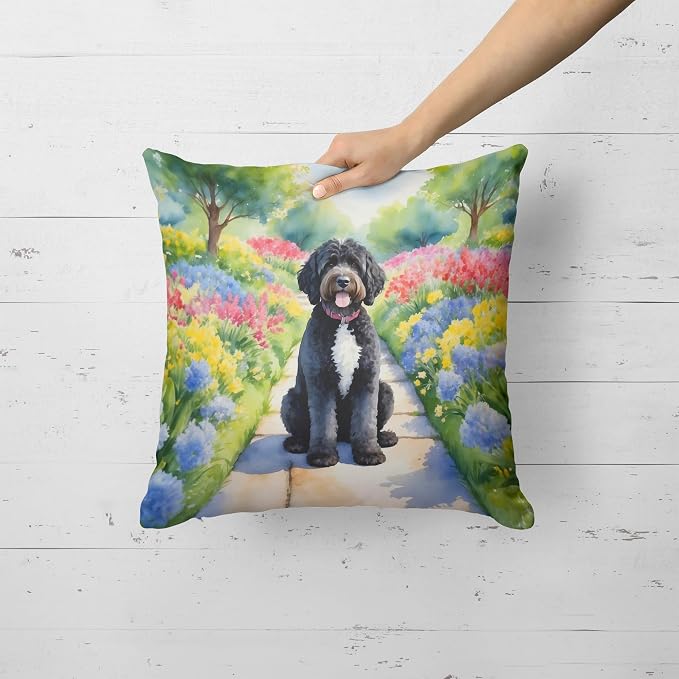 Caroline's Treasures Portuguese Water Dog Spring Path Throw Pillow Machine Washable, Indoor Outdoor Decorative Pillow for Couch, Bed or Patio, 18Hx18W
