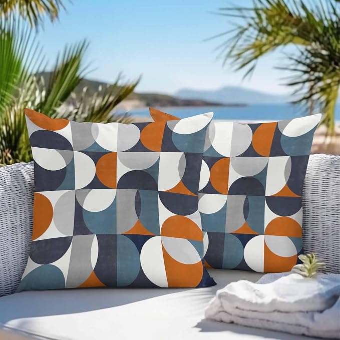 Vandarllin Outdoor Throw Pillows Covers 16x16 inch Set of 2 Waterproof Mid Century Geometric Decorative Zippered Cushion Covers for Patio Furniture, Abstract Modern Orange Blue Lumbar Pillowcases
