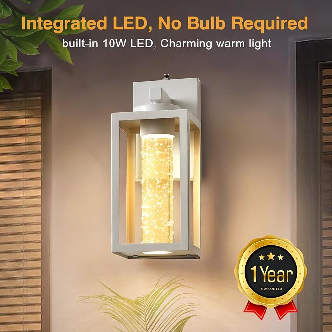 VIANIS White Outdoor Sconce Lights Integrated 10W LED Light Source, Waterproof Exterior Light Fixture Wall Mount Lantern for House Patio, Modern Porch Lights Outdoor Crystal Bubble Glass, Anti-Rust
