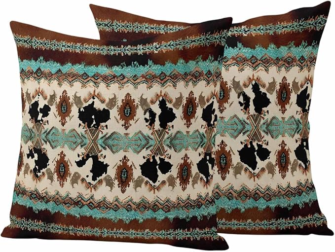 Boho Cowhide Outdoor Pillow Covers 20"x20" Set of 2, Western Aztec Tribal Green Brown Cow Texture Waterproof Throw Pillow Covers for Patio Furniture, Decorative Cushion Covers for Porch