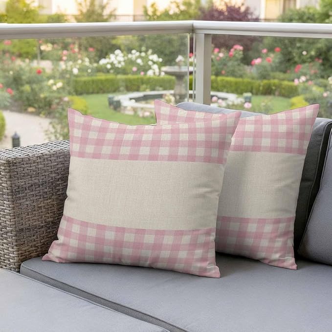Retro Pink Outdoor Waterproof Pillow Covers, Farmhouse Buffalo Plaid Vintage Beige Decorative Square Throw Pillowcase Sofa Cushion Sham for Patio/Couch/Chair, 24"x24" 2 Pack