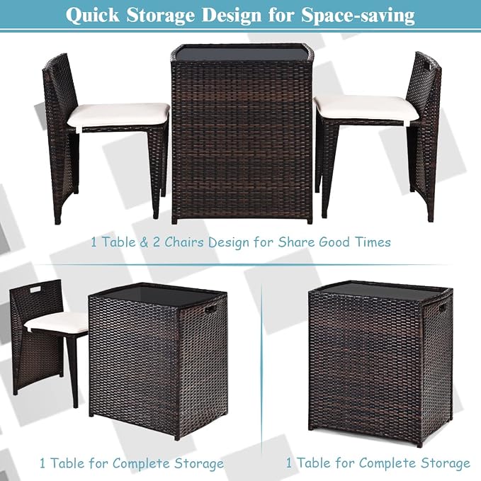HAPPYGRILL 3 Pieces Wicker Patio Bistro Set, Outdoor Rattan Dining Set, Patio Furniture Set with Cushions for Yard Deck Garden Poolside