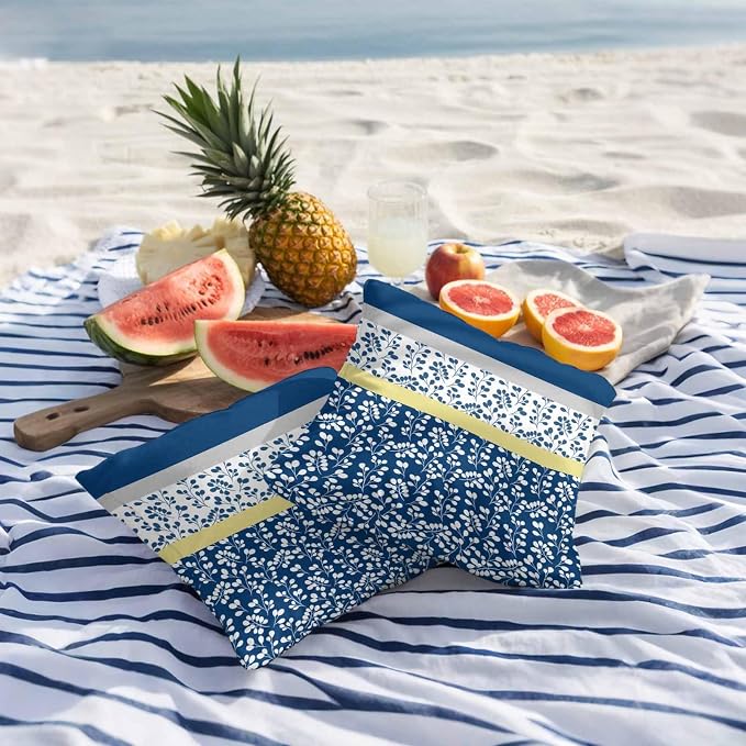 Blue Yellow Outdoor Pillow Covers 24x24 Inch Throw Pillow Covers Set of 2 Waterproof Decorative Pillow Cases Botanical Floral Motifs Wildflower Striped Cushion Covers for Patio Furniture Garden Couch
