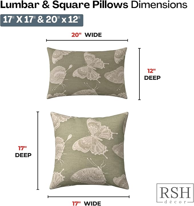 RSH DECOR: Sunbrella Lumbar & Square Pillows Set of 4 | 20" x 12" & 17" x 17" | Water and Fade-Resistant Performance Fabric | Outdoor Throw Pillows for Patio Furniture | Made in USA (Farfalla Spring)