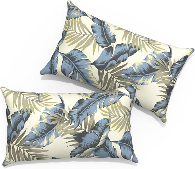 Outdoor Lumbar Pillows with Insert 12x20 Inch, Waterproof Throw Pillow for Patio Furniture, Decorative Lumbar Cushions for Garden Home Sofa Office Chair, Set of 2, Lush Palm Blue