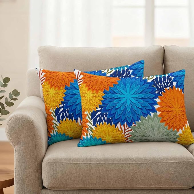 Blue Sage Green Flowers Outdoor Pillow Covers Waterproof, All Weather Cushion Case Set of 2, Boho Colorful Floral Plant Lumbar Pillowcase for Sofa Couch Bed Decor Patio Furniture 20"x12"