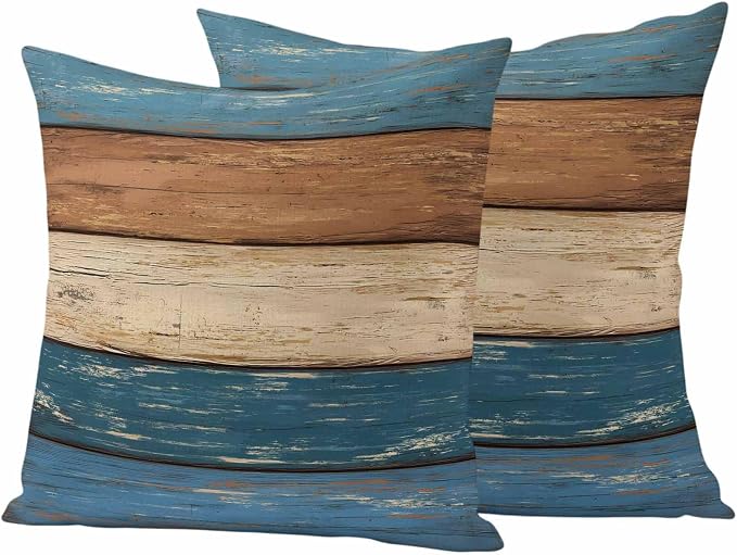 Farmhouse Navy Blue Brown Outdoor Waterproof Pillow Covers, Vintage Wooden Striped Decorative Square Throw Pillowcase Sofa Cushion Sham for Patio/Couch/Chair, 24"x24" 2 Pack
