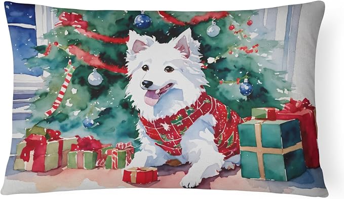 Caroline's Treasures DAC2685PW1216 Japanese Spitz Cozy Christmas Throw Pillow Machine Washable, Indoor Outdoor Decorative Pillow for Couch, Bed or Patio, 12HX16W