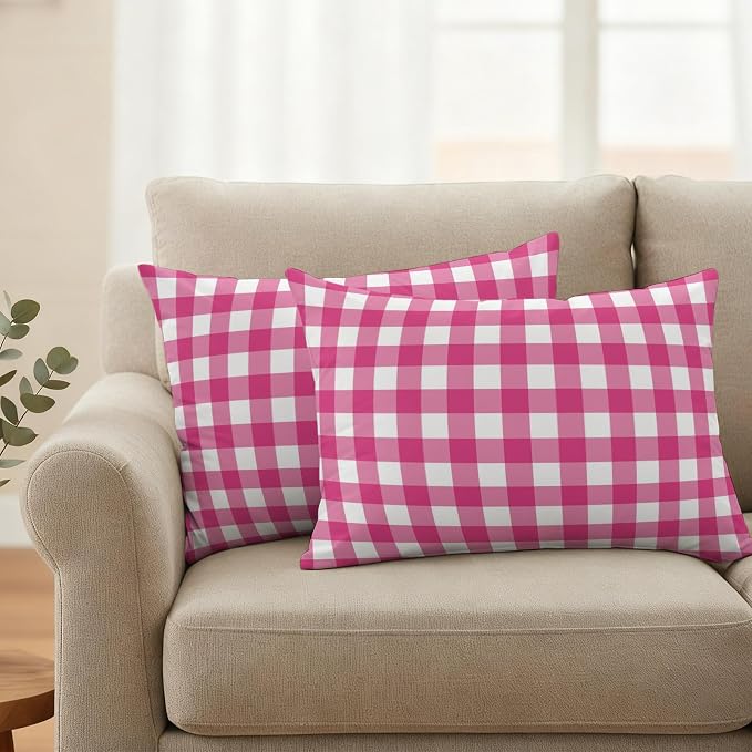 Hot Pink Checks Outdoor Pillow Covers 20"x12" Set of 2, Gingham Plaid Abstract Modern Minimalist Waterproof Throw Pillow Covers for Patio Furniture, Decorative Cushion Covers for Porch