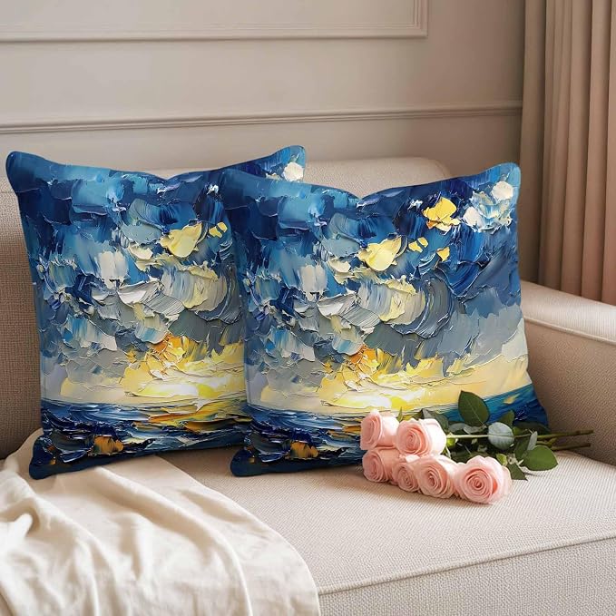 Modern Abstract Waterproof Outdoor Pillow Covers Set of 2 Home Decor, Blue Yellow Abstract Ombre Oil Painting Pillowcase Patio Pillow Covers for Couch Bench Furniture Garden 16x16in