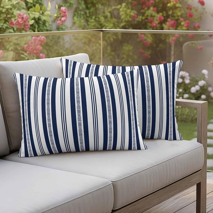 Navy Blue Striped Outdoor Waterproof Pillow Covers, Farmhouse Stripes Modern Geometric Decorative Rectangle Throw Pillowcase Sofa Cushion Sham for Patio/Couch/Chair, 20"x12" 2 Pack