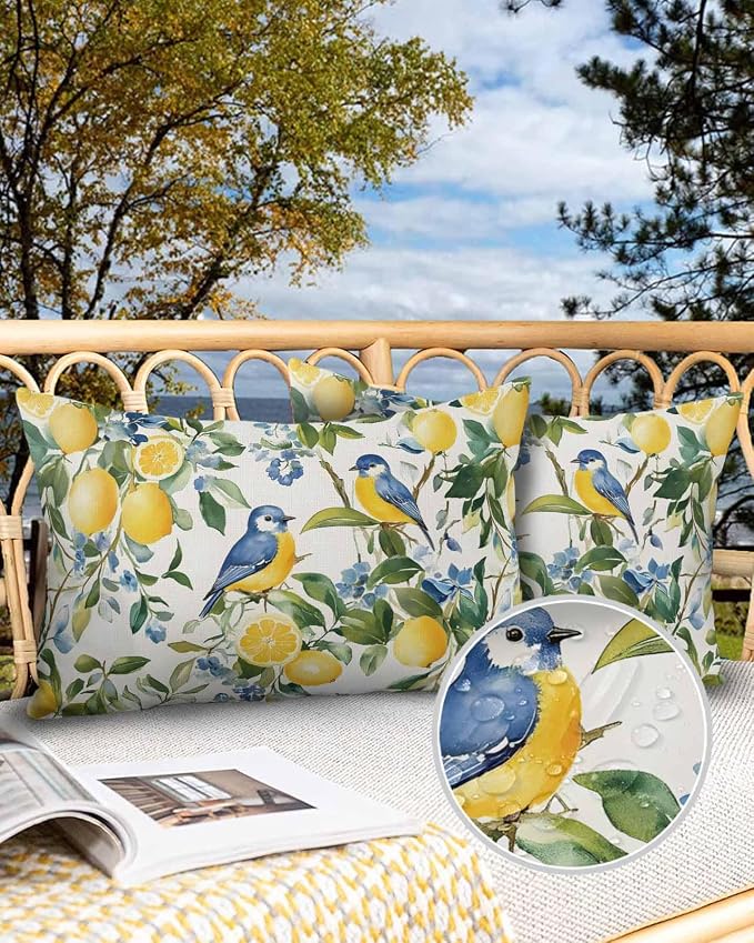 Outdoor Throw Pillow Covers Waterproof Pillow Cases 20x12In, Watercolor Lemon Bird Decorative Pillow Covers Cushion Cases for Couch Sofa Patio Garden,2 Pack Vintage Spring Blue Flower Foliage