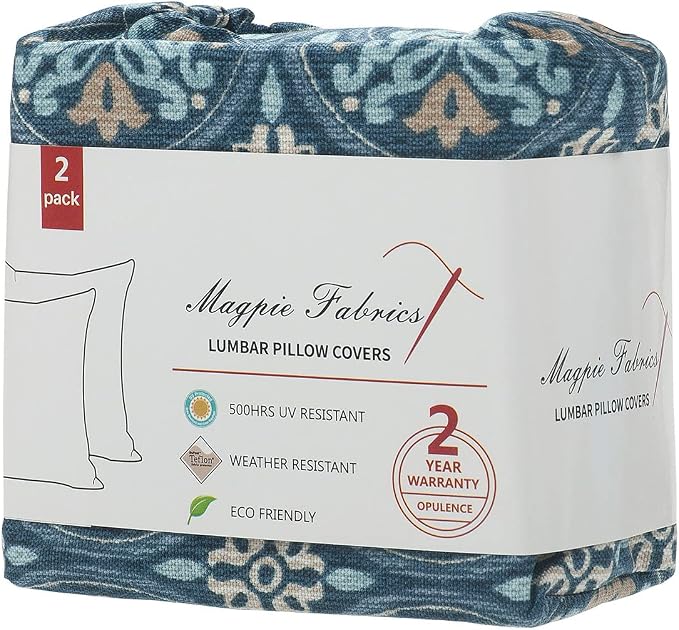 Magpie Fabrics Pack of 2 Outdoor Lumbar Pillow Case Covers 12"x20", Waterproof Rectangular Throw Pillowcase Shell Decorative Sham for Patio Garden Couch - Morgan Medal Blue