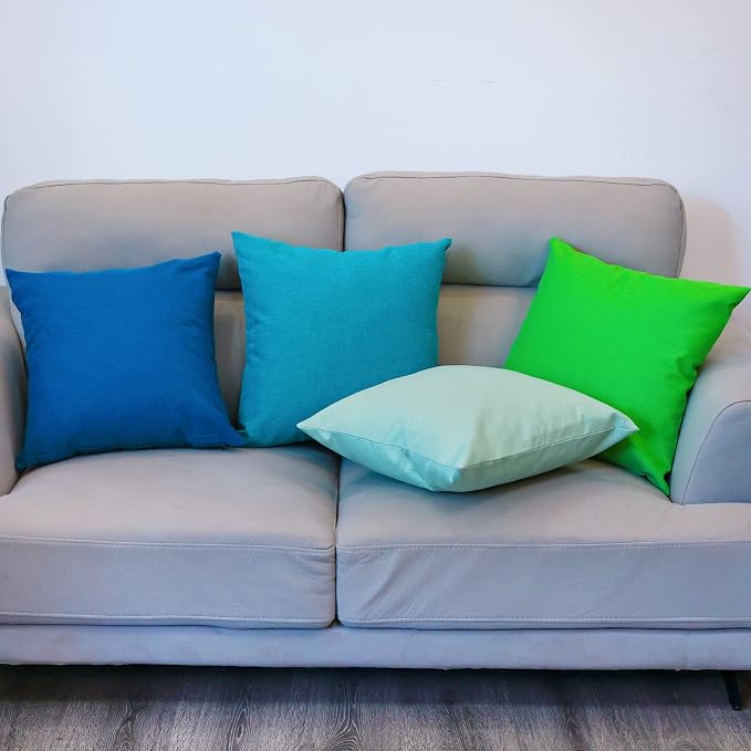 Pack of 4 Decorative Outdoor Waterproof Throw Pillow Covers ONLY Square Garden Cushion Cases for Patio, Couch, Tent and Sofa, 18 x 18 Inches, (Blue-Green, Blue, Green, Light Green)