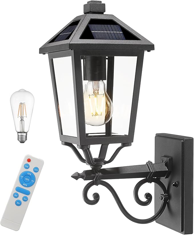 Solar Outdoor Wall Light, 17'' Vintage Lantern-Style Sconce with Remote Control, Alluminum Matte Black Weatherproof Exterior Lighting Front Porch Lights for House Garage Doorway Patio