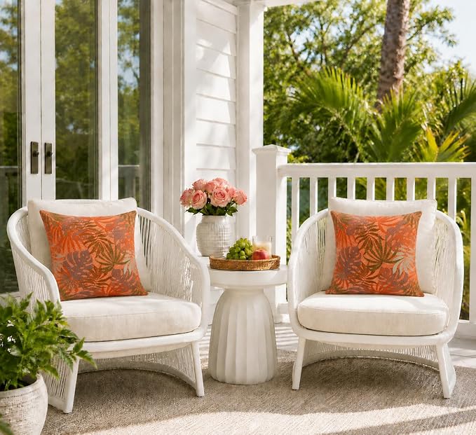 Outdoor Pillow Covers Waterproof Throw Pillow Covers, Set of 2 Jacquard Texture Water Resistant Fade Resistant Decorative Cushion Covers for Garden Patio Bench Couch Sofa, 18x18 Inch (Orange) )