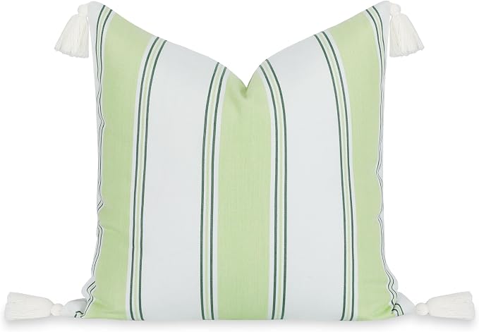 Hofdeco Premium Coastal Hampton Outdoor Performance Throw Pillow Cover Only, 20"x20" Water Repellent, UV and Fade Resistant for Backyard, Couch, Poolside, Grass Green Woven Harbor Stripes