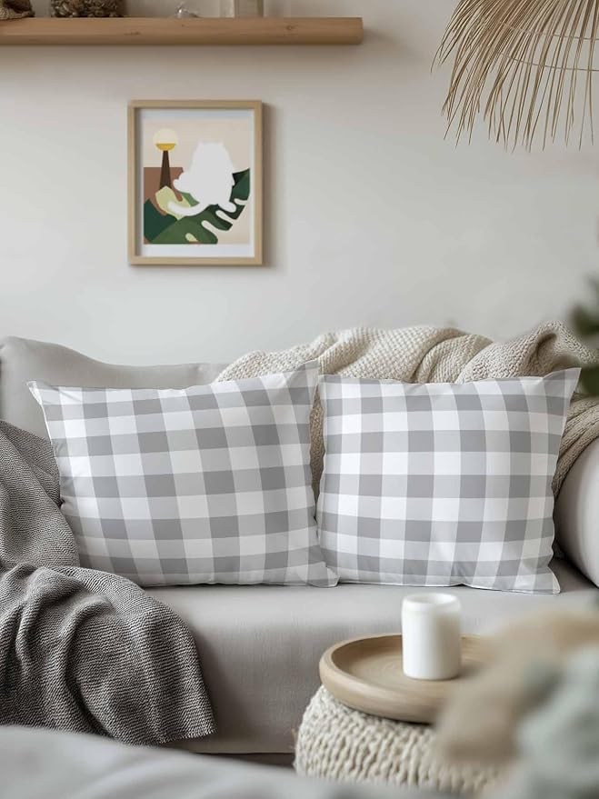 Waterproof Outdoor Pillow Set of 2 Grey Buffalo Plaid Decorative Throw Pillows Cover & Insert 18x18 Inch Pillowcase Check Lines Square Pillows for Couch Sofa Bed Patio Furniture Indoor Outdoor