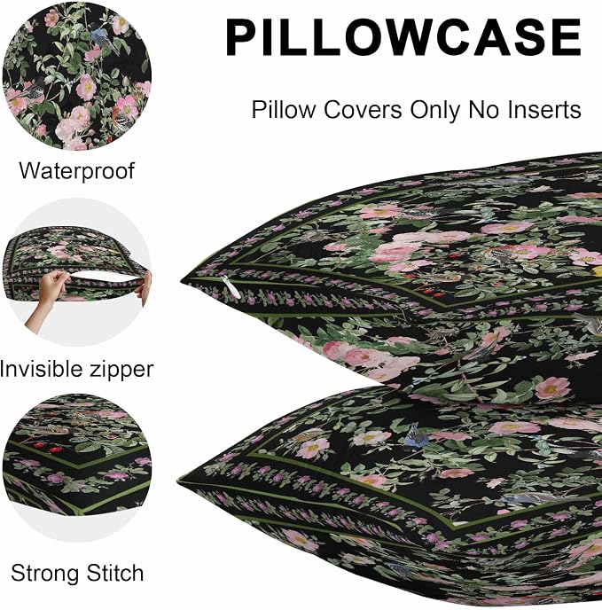 Vandarllin Outdoor Throw Pillows Covers 24x24 inch Set of 2 Waterproof Pink Floral Bird Decorative Zippered Cushion Covers for Patio Furniture, Green Leaves Branches Black Lumbar Pillowcases